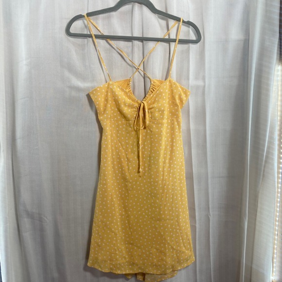 Forever 21 Dresses & Skirts - NWT Forever 21 Yellow White Polka Dot Mini Dress Spaghetti‎ Strap Tie Backless S